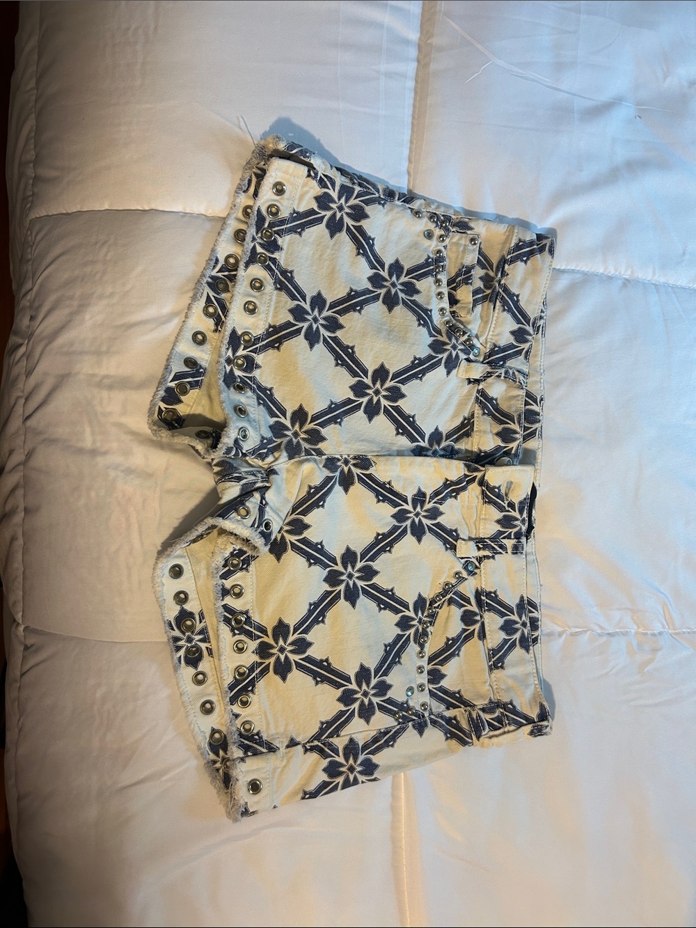 Isabel Marant Cream and Navy Printed Floral Denim Shorts